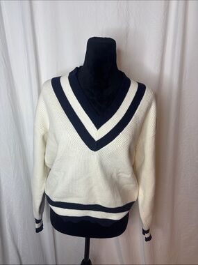 Mango Cream V-Neck Sweater with Navy Stripes